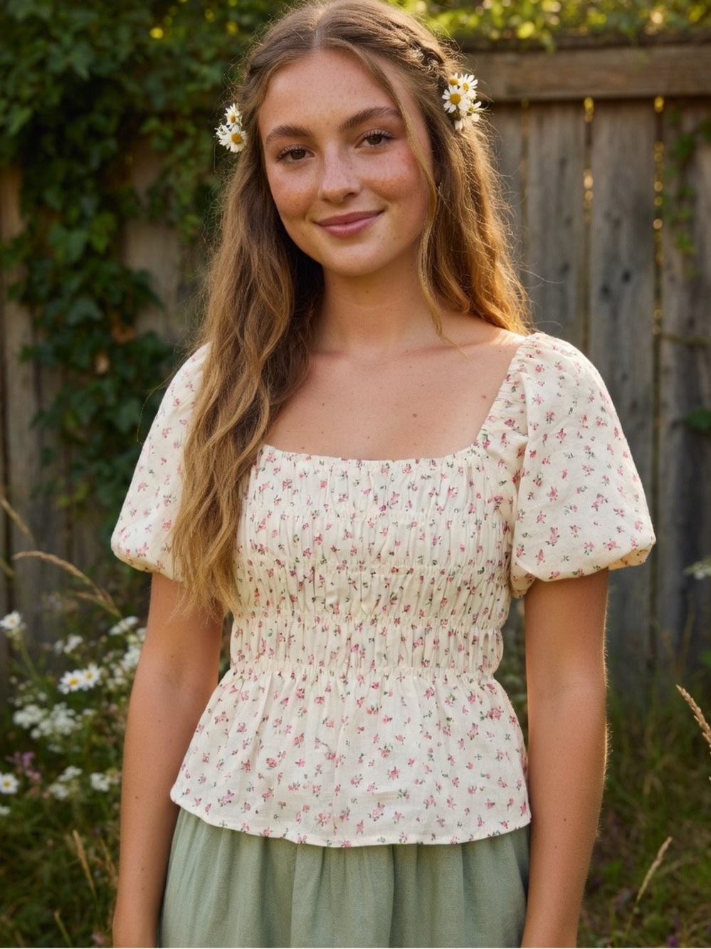 Passport Cotton Blend Cream Puff-Sleeve Smocked Peplum Top with Pink Floral